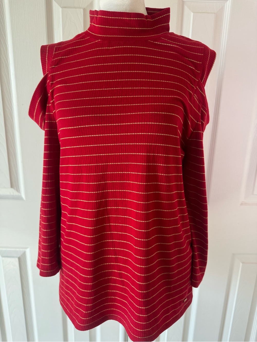 Tommy Hilfiger Red & Gold Ribbed Cold Shoulder Mock Neck Sweater Top | Size M - Picture 5 of 10